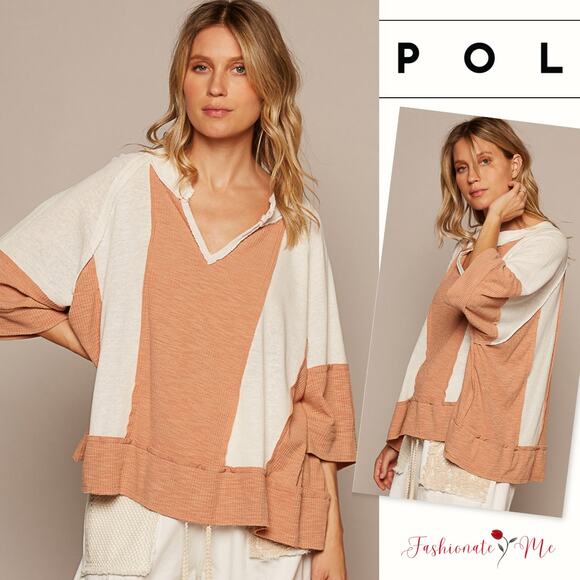 POL Notched Neck Frayed Edge Contrast Oversize Short Sleeves Top | Natural/Topaz - Picture 1 of 6